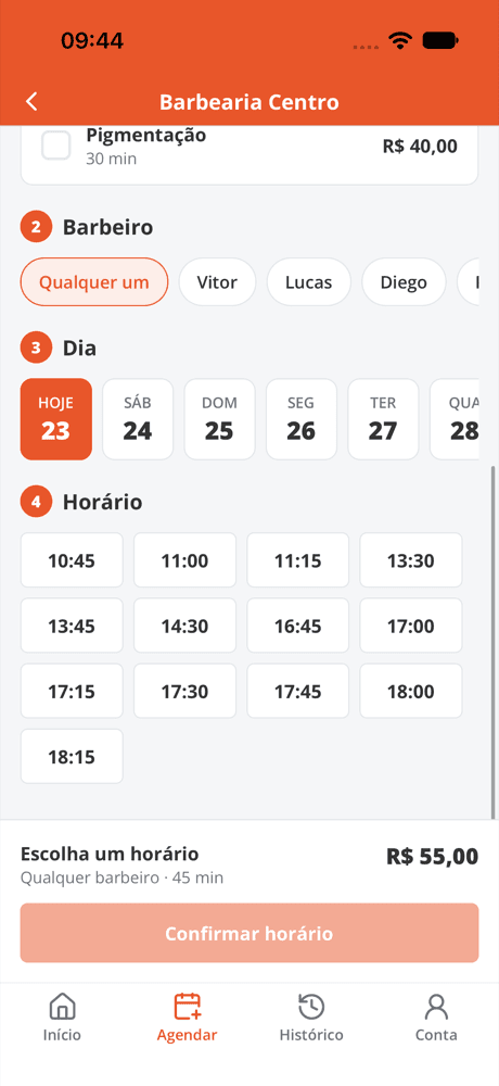 App: escolher serviço, barbeiro, dia e horário
