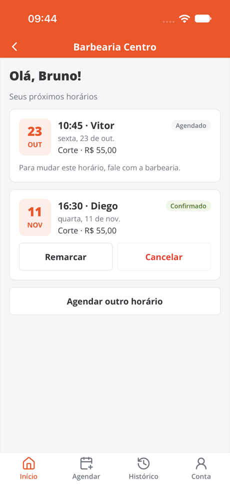 App do cliente com os próximos horários